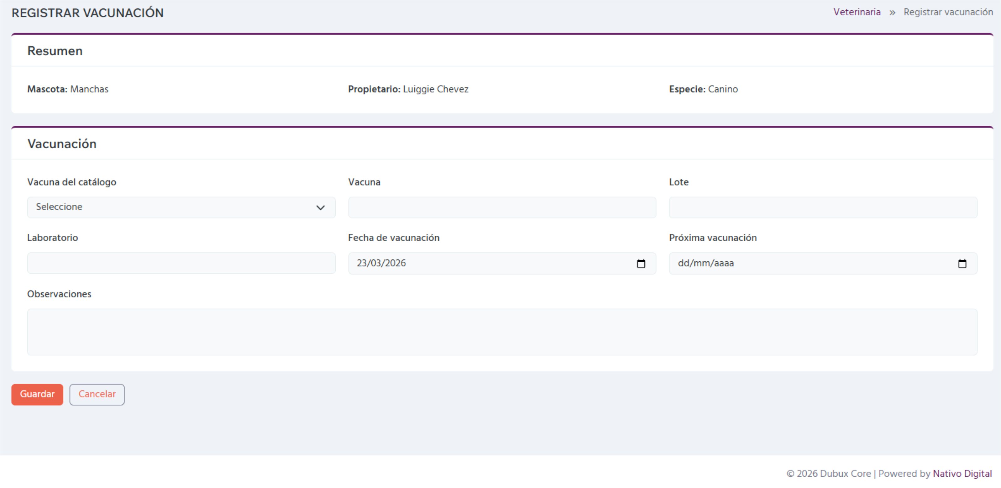 Screenshot principal de Veterinaria
